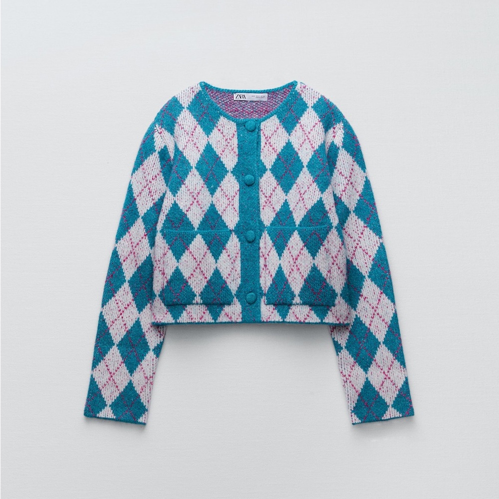Zara Argyle Knit Jacquard Cardigan M - Picture 4 of 6